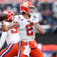 Dec 27, 2025; Bronx, NY, USA; Clemson Tigers quarterback Cade Klubnik (2) throws the ball during the first half of the 2025 Pinstripe Bowl against the Penn State Nittany Lions at Yankee Stadium. Mandatory Credit: Vincent Carchietta-Imagn Images