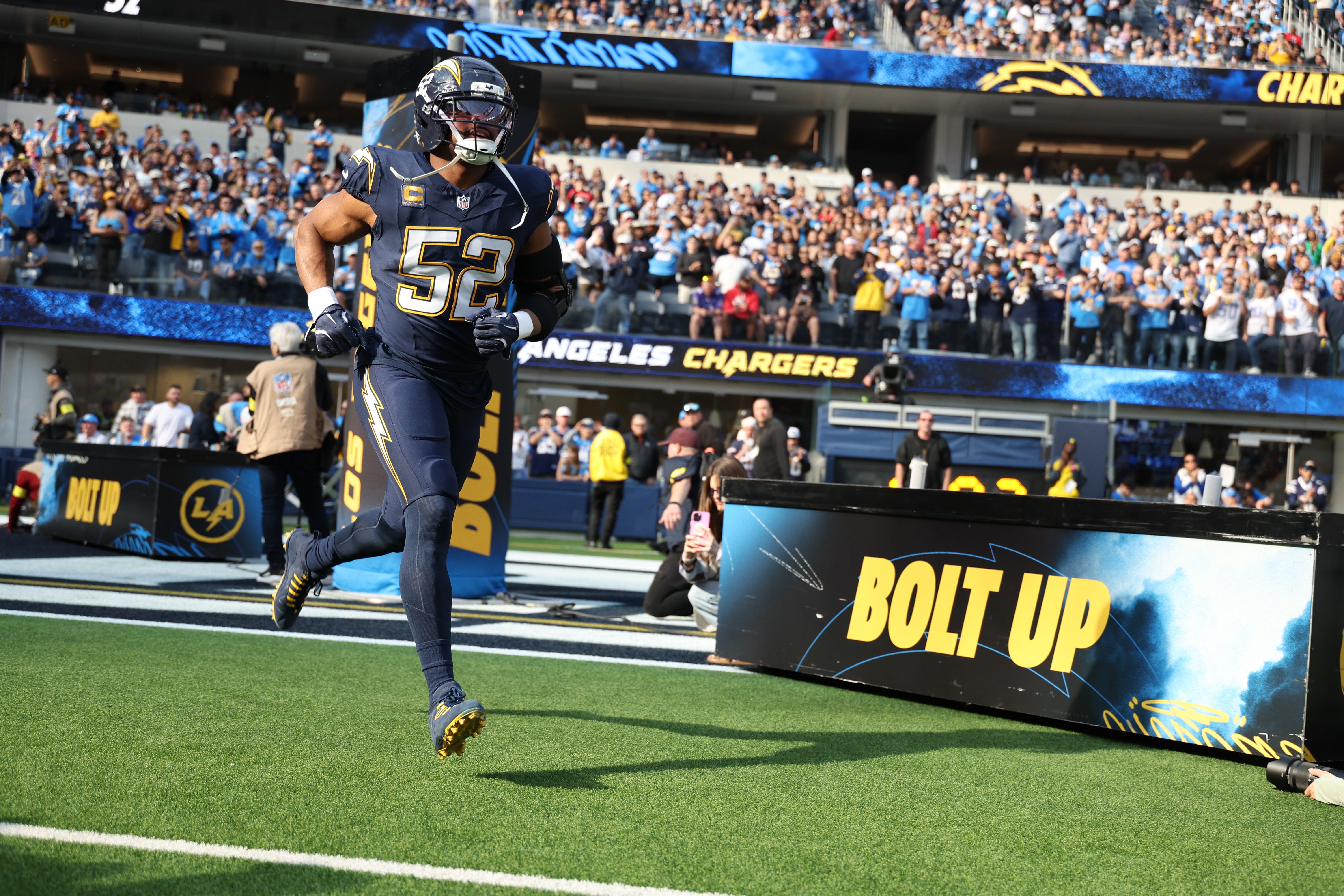 Dec 27, 2025; Inglewood, California, USA; Los Angeles Chargers linebacker Khalil Mack (52) takes the field prior to a game against the Houston Texans at SoFi Stadium.
