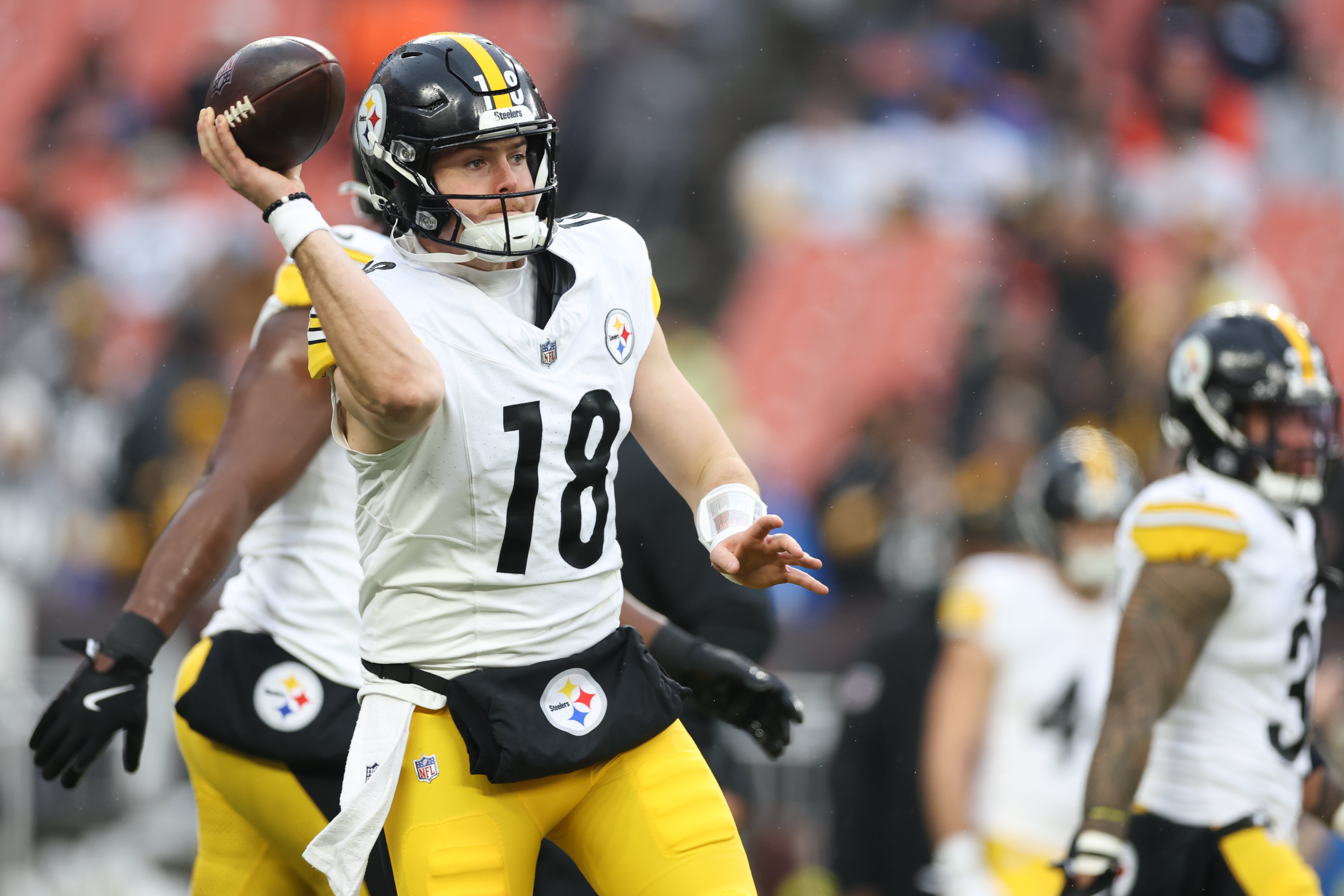 Dec 28, 2025; Cleveland, Ohio, USA; Pittsburgh Steelers quarterback Will Howard (18) warms up before the game against the Cleveland Browns at Huntington Bank Field.