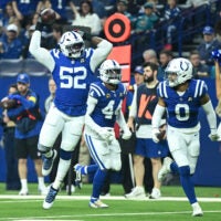 Colts defenders Samson Ebukam, Zaire Franklin and Cam Bynum celebrate a turnover