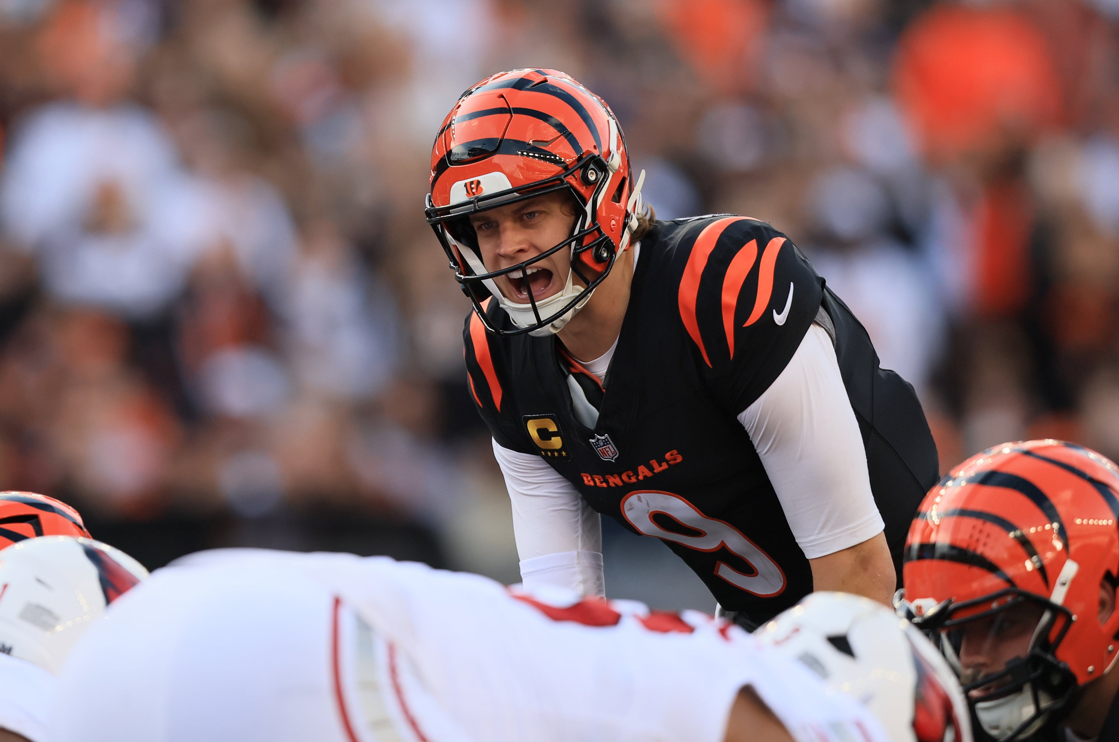 Dec 28, 2025; Cincinnati, Ohio, USA; Cincinnati Bengals quarterback Joe Burrow (9) calls signals during the second half against the Arizona Cardinals at Paycor Stadium.