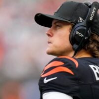 Cincinnati Bengals quarterback Joe Burrow (9) looks on from the sideline after leaving the game in the fourth quarter of the NFL Week 17 game between the Cincinnati Bengals and the Arizona Cardinals at Paycor Stadium in Downtown Cincinnati on Sunday, Dec. 28, 2025. The Bengals won 37-14.