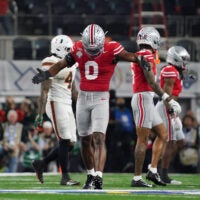 Dec 31, 2025; Arlington, TX, USA; Ohio State Buckeyes linebacker Sonny Styles (0) reacts in the in the second quarter against the Miami Hurricanes during the 2025 Cotton Bowl and quarterfinal game of the College Football Playoff at AT&T Stadium.