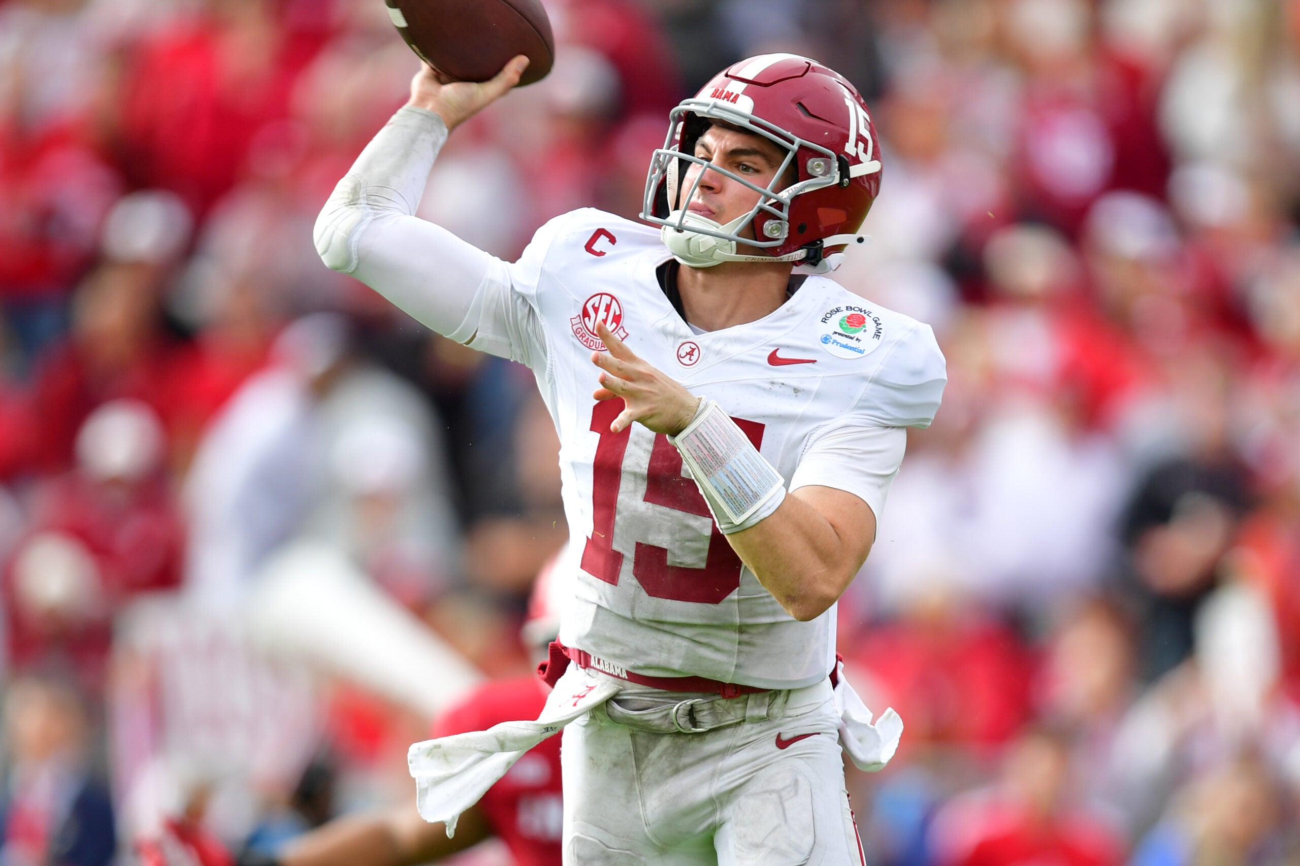 Jan 1, 2026; Pasadena, CA, USA; Alabama Crimson Tide quarterback Ty Simpson (15) passes against the Indiana Hoosiers in the first half of the 2026 Rose Bowl and quarterfinal game of the College Football Playoff at Rose Bowl Stadium.