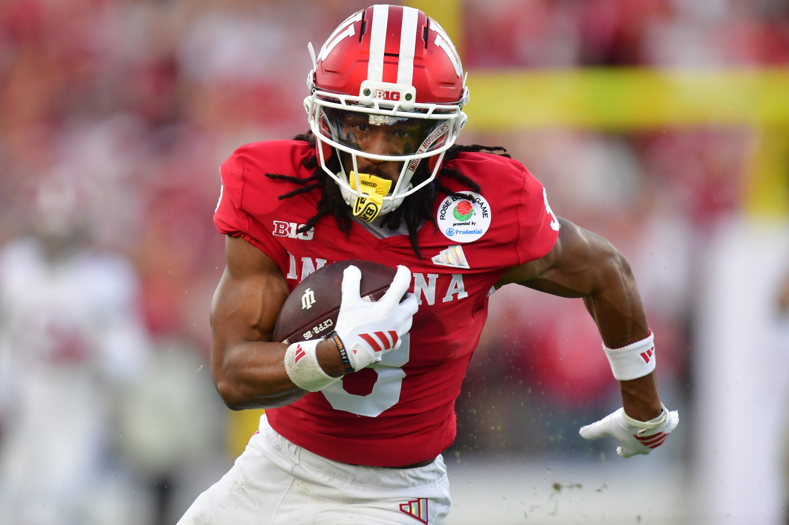 Jan 1, 2026; Pasadena, CA, USA; Indiana Hoosiers wide receiver Omar Cooper Jr. (3) runs against the Alabama Crimson Tide in the second half of the 2026 Rose Bowl and quarterfinal game of the College Football Playoff at Rose Bowl Stadium.