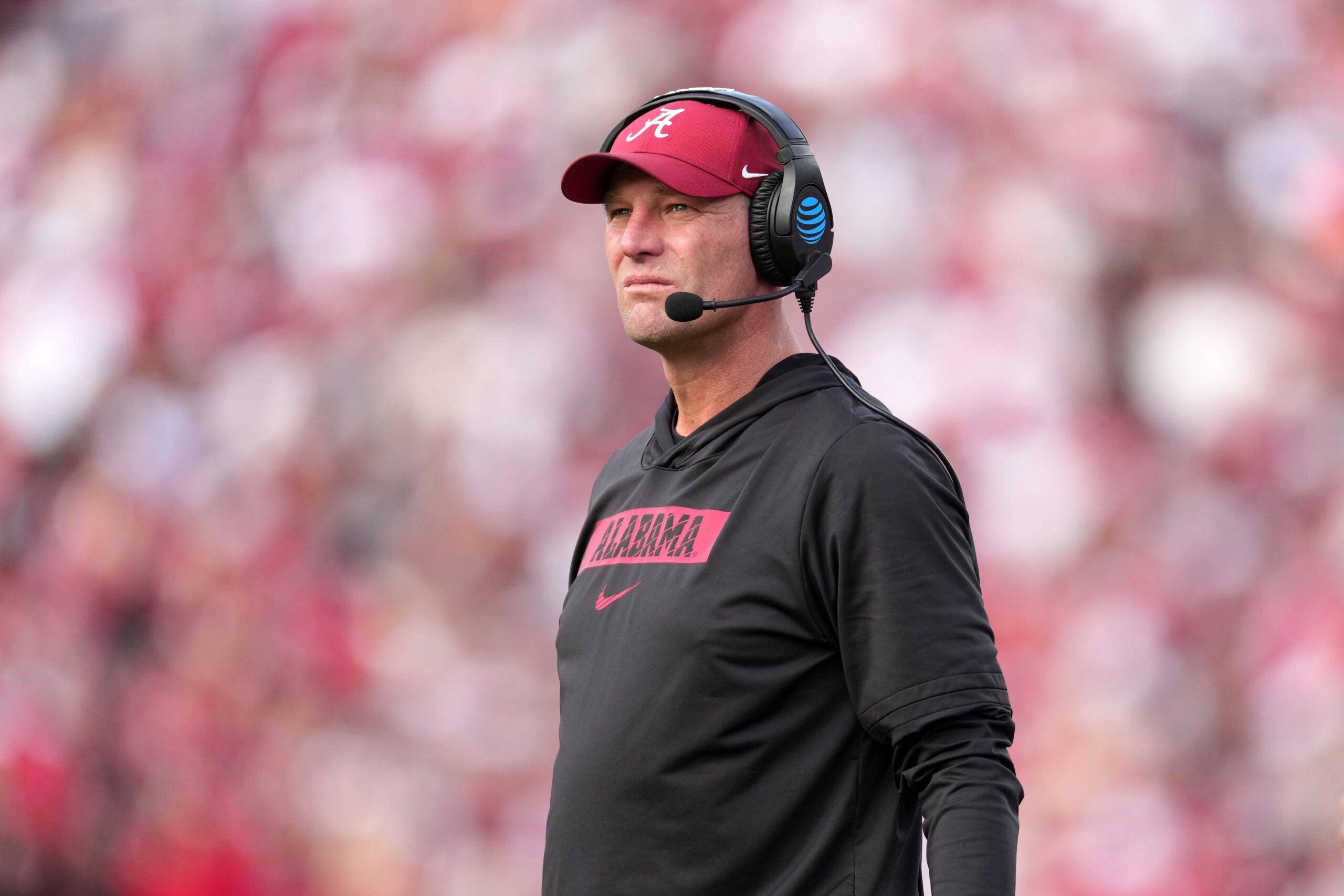 Jan 1, 2026; Pasadena, CA, USA; Alabama Crimson Tide head coach Kalen Deboer watches in the second half against the Indiana Hoosiers at the 2026 Rose Bowl and quarterfinal game of the College Football Playoff at Rose Bowl Stadium.
