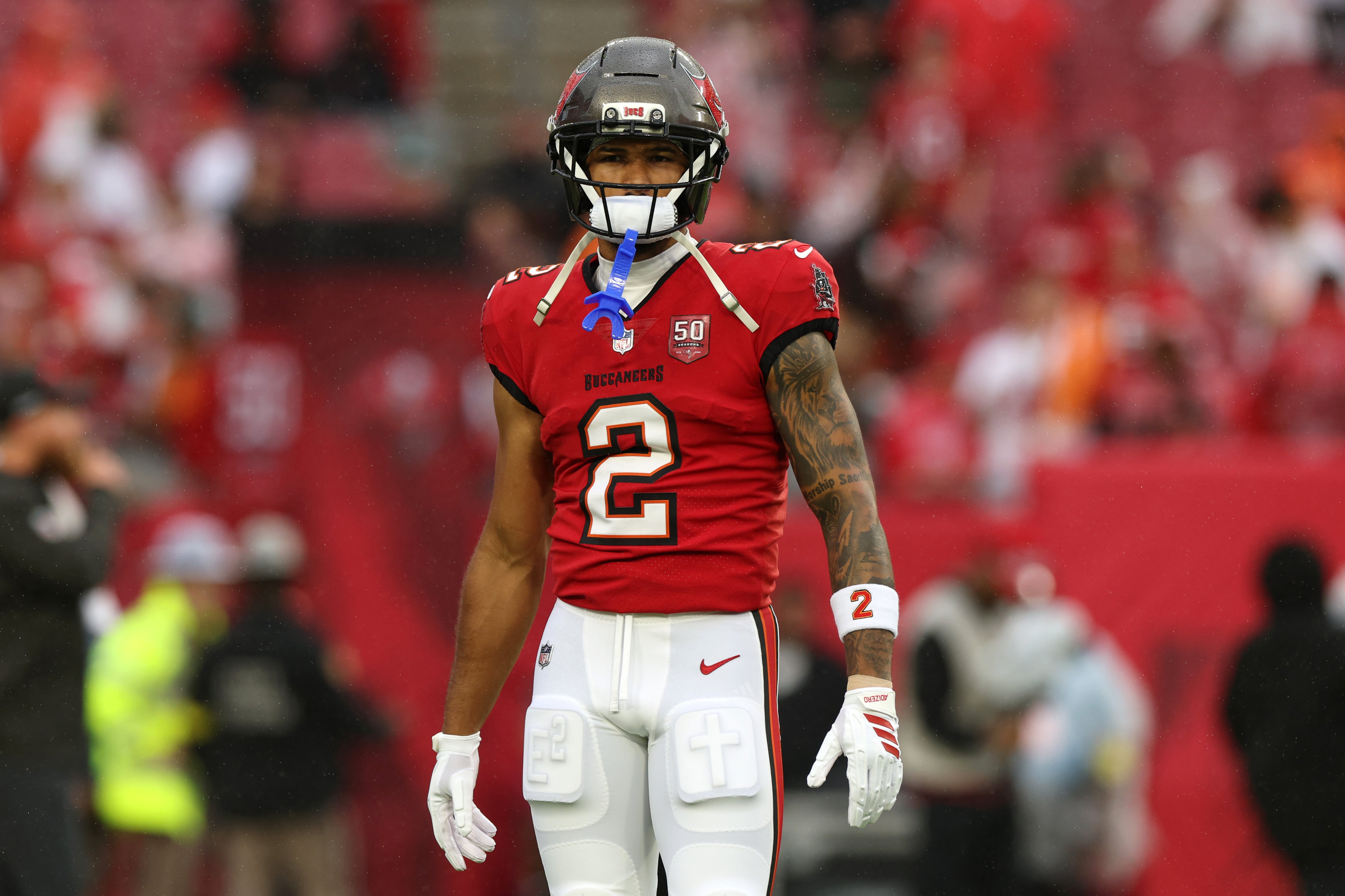 Jan 3, 2026; Tampa, Florida, USA; Tampa Bay Buccaneers wide receiver Emeka Egbuka (2) warms up before the game against the Carolina Panthers at Raymond James Stadium.