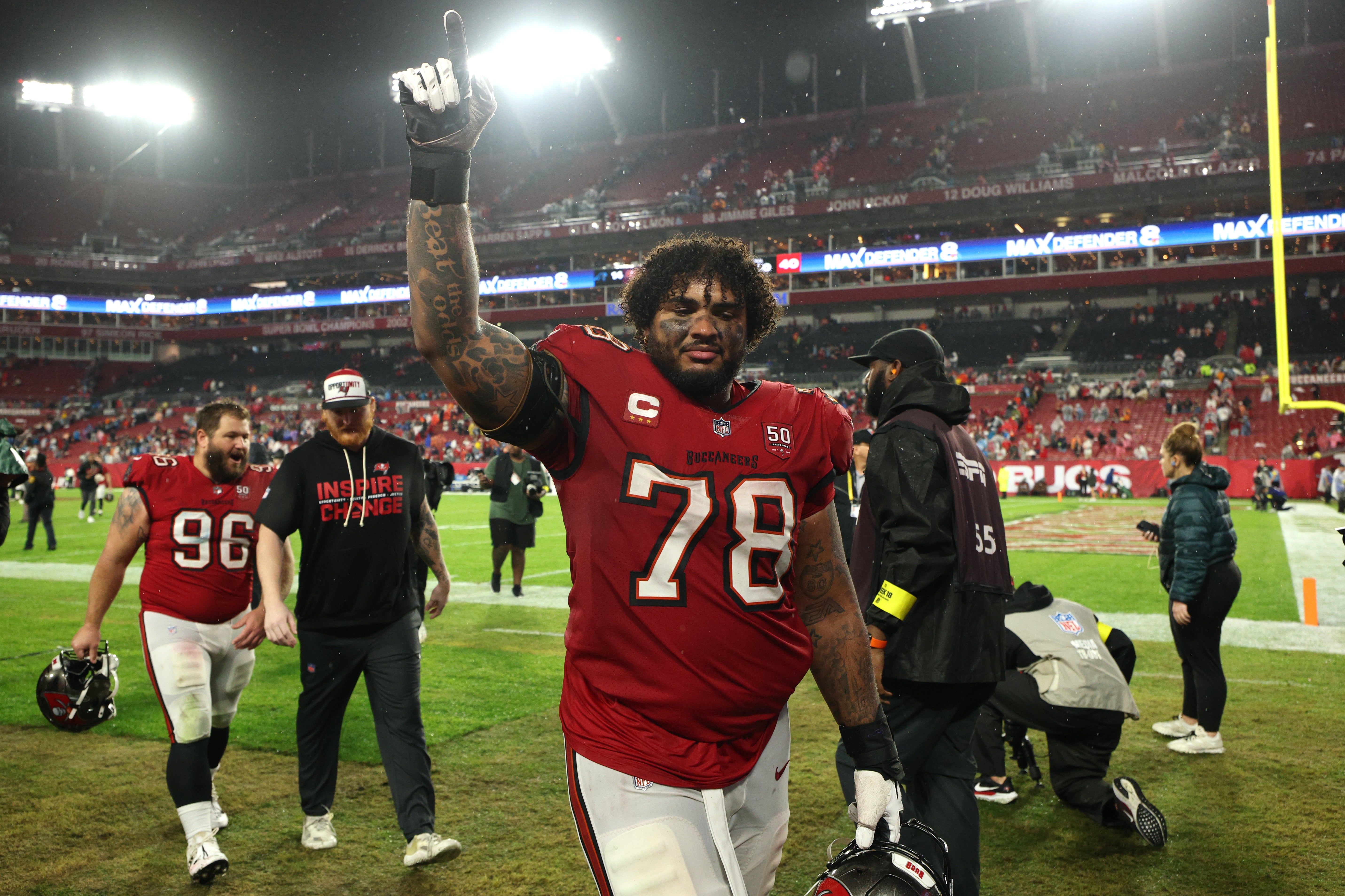 Jan 3, 2026; Tampa, Florida, USA; Tampa Bay Buccaneers offensive tackle Tristan Wirfs (78) celebrates after defeating the Carolina Panthers at Raymond James Stadium.
