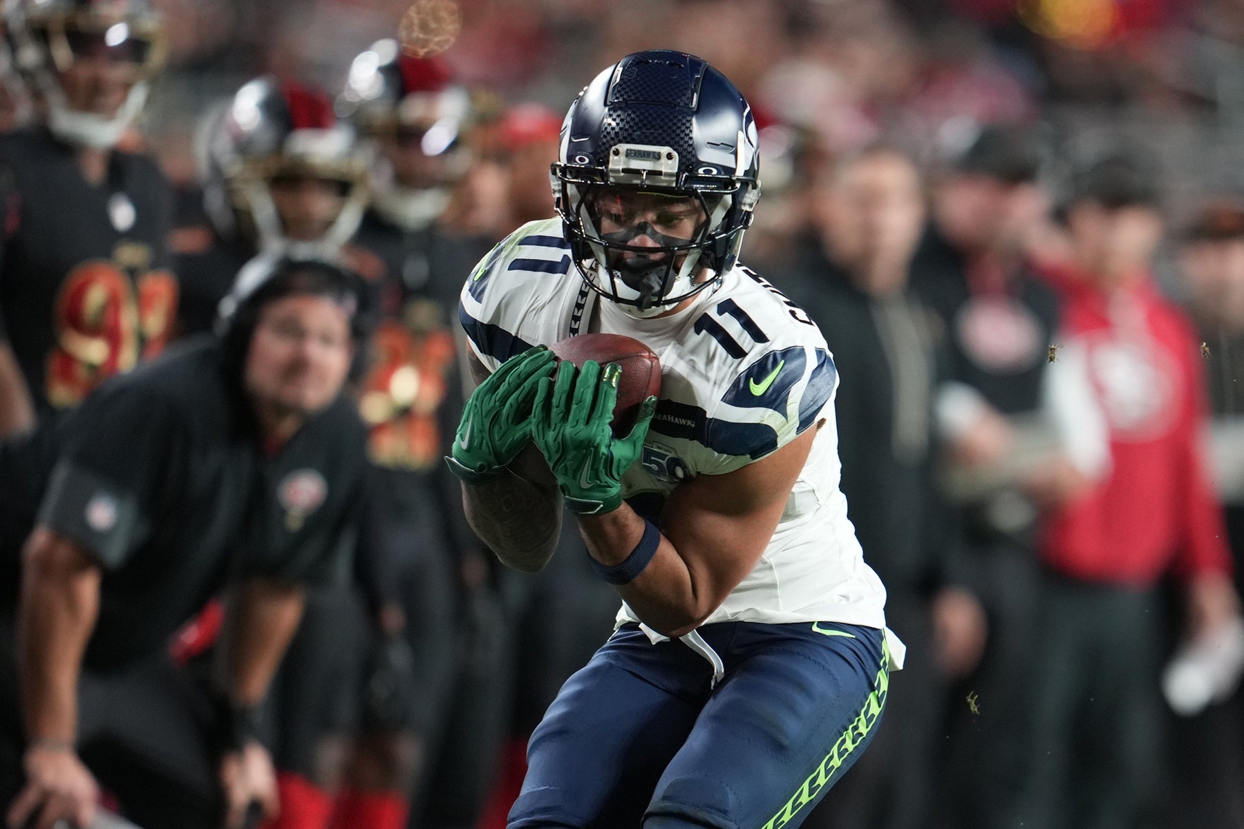 Jan 3, 2026; Santa Clara, California, USA; Seattle Seahawks wide receiver Jaxon Smith-Njigba (11) makes a catch against the San Francisco 49ers during the second half at Levi's Stadium.