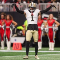 Jan 4, 2026; Atlanta, Georgia, USA; New Orleans Saints cornerback Alontae Taylor (1) reacts after a play against the Atlanta Falcons in the first quarter at Mercedes-Benz Stadium.