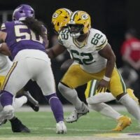 Green Bay Packers center Jacob Monk (62) is shown during the second quarter of their game against the Minnesota Vikings Sunday, January 4, 2026 at U.S. Bank Stadium in Minneapolis, Minnesota.