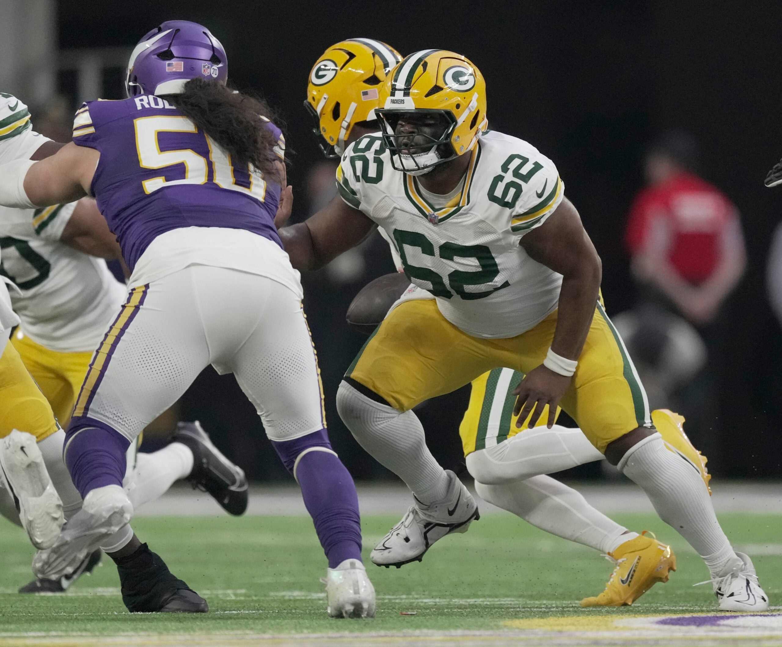 Green Bay Packers center Jacob Monk (62) is shown during the second quarter of their game against the Minnesota Vikings Sunday, January 4, 2026 at U.S. Bank Stadium in Minneapolis, Minnesota.