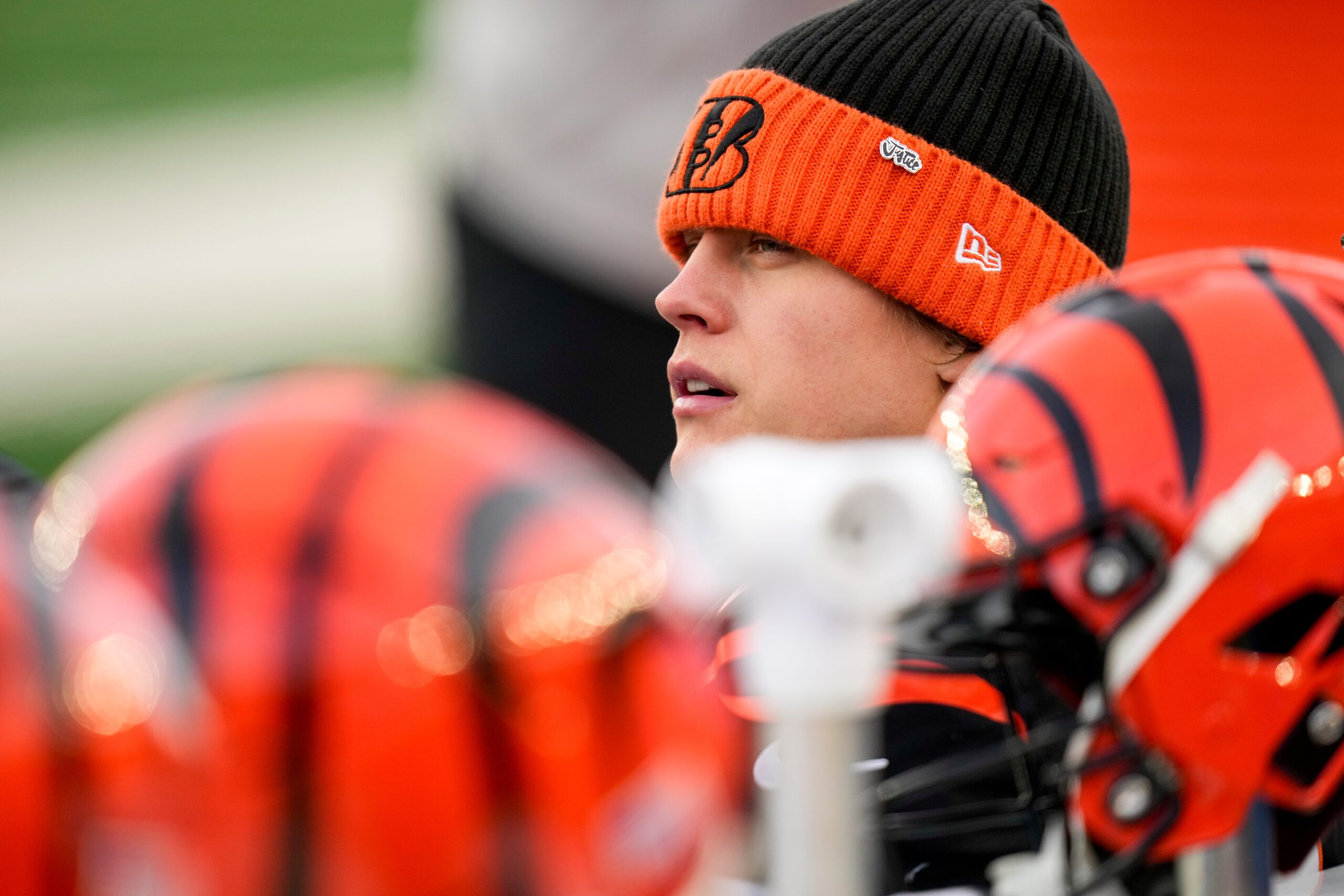 Cincinnati Bengals quarterback Joe Burrow (9) looks on from the sideline in the fourth quarter of the NFL Week 18 game between the Cincinnati Bengals and the Cleveland Browns at Paycor Stadium in Downtown Cincinnati on Sunday, Jan. 4, 2026. The Browns kicked a last second field goal to win 20-18.
