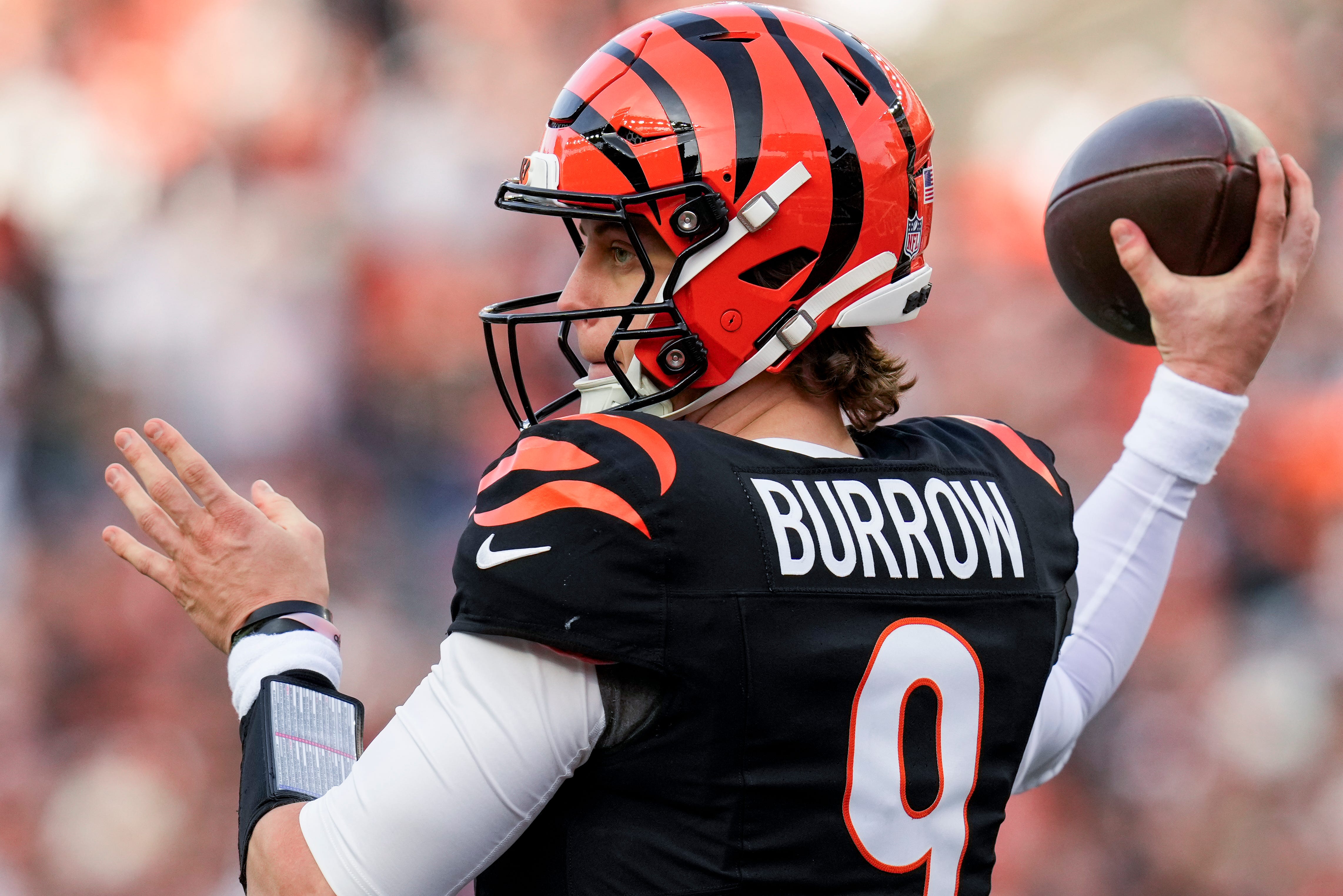 Jan 4, 2026; Cincinnati, Ohio, USA; Cincinnati Bengals quarterback Joe Burrow (9) throws a pass in the fourth quarter the Cleveland Brownsat Paycor Stadium.