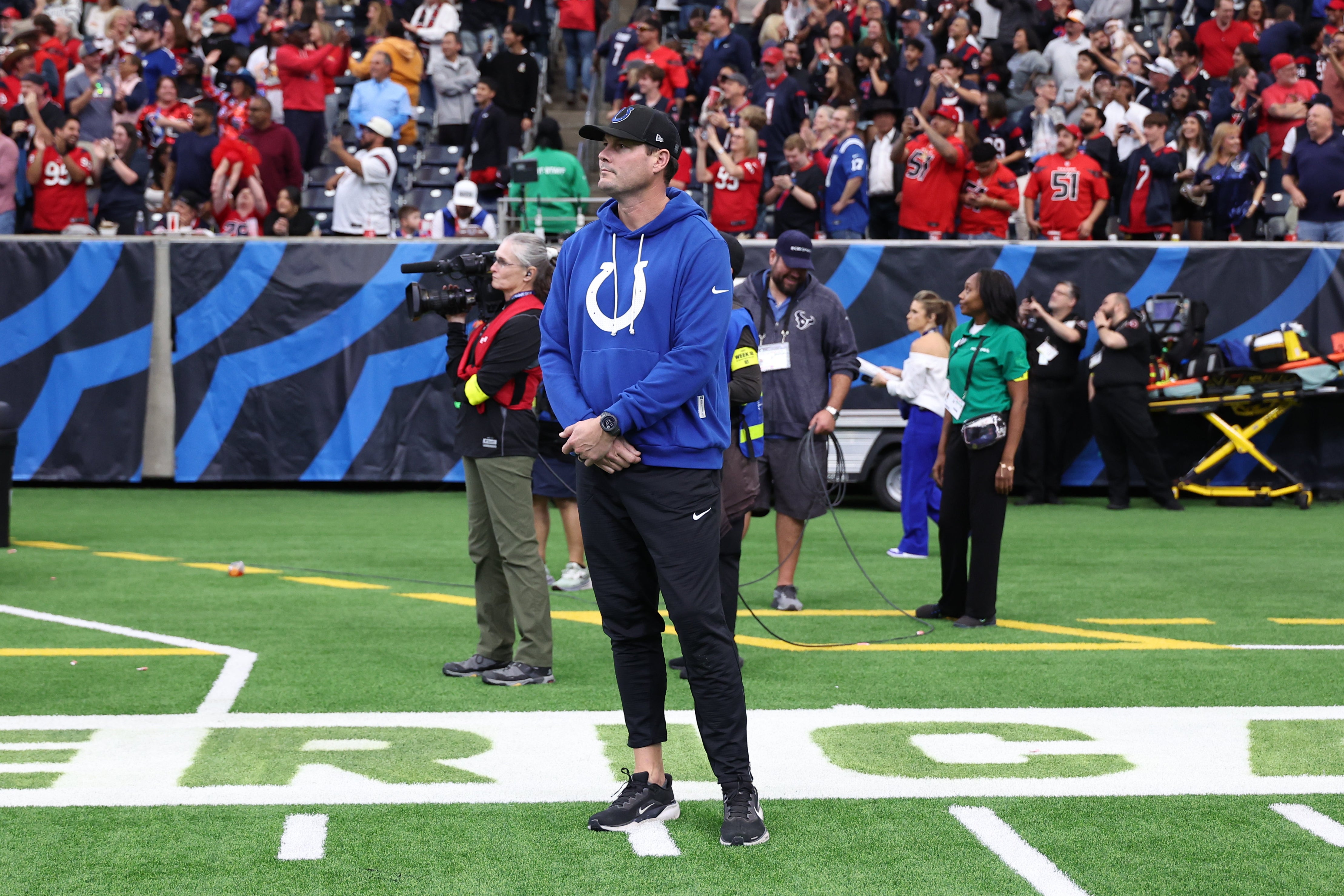 Jan 4, 2026; Houston, Texas, USA; Indianapolis Colts quarterback Philip Rivers (17) stands on the sidelines during the second half against the Houston Texans at NRG Stadium.