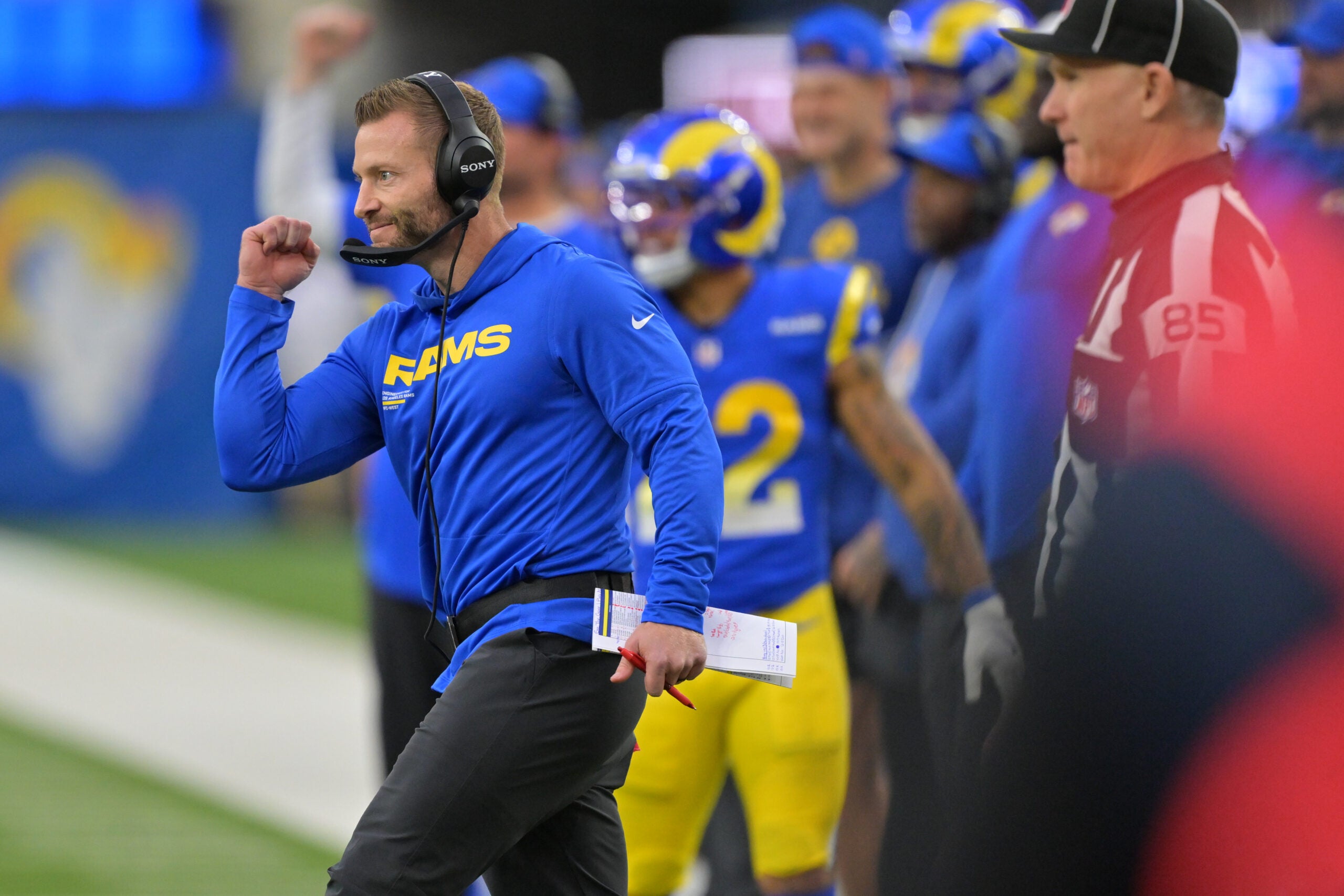 Jan 4, 2026; Inglewood, California, USA; Los Angeles Rams head coach Sean McVay reacts after a touchdown against the Arizona Cardinals during the second half at SoFi Stadium.