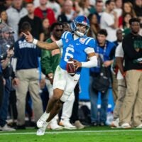 Ole Miss quarterback Trinidad Chambliss (6) celebrates a play during the CFP Fiesta Bowl against Miami at the State Farm Stadium, in Glendale, Ariz., on Thursday, Jan. 8, 2026.