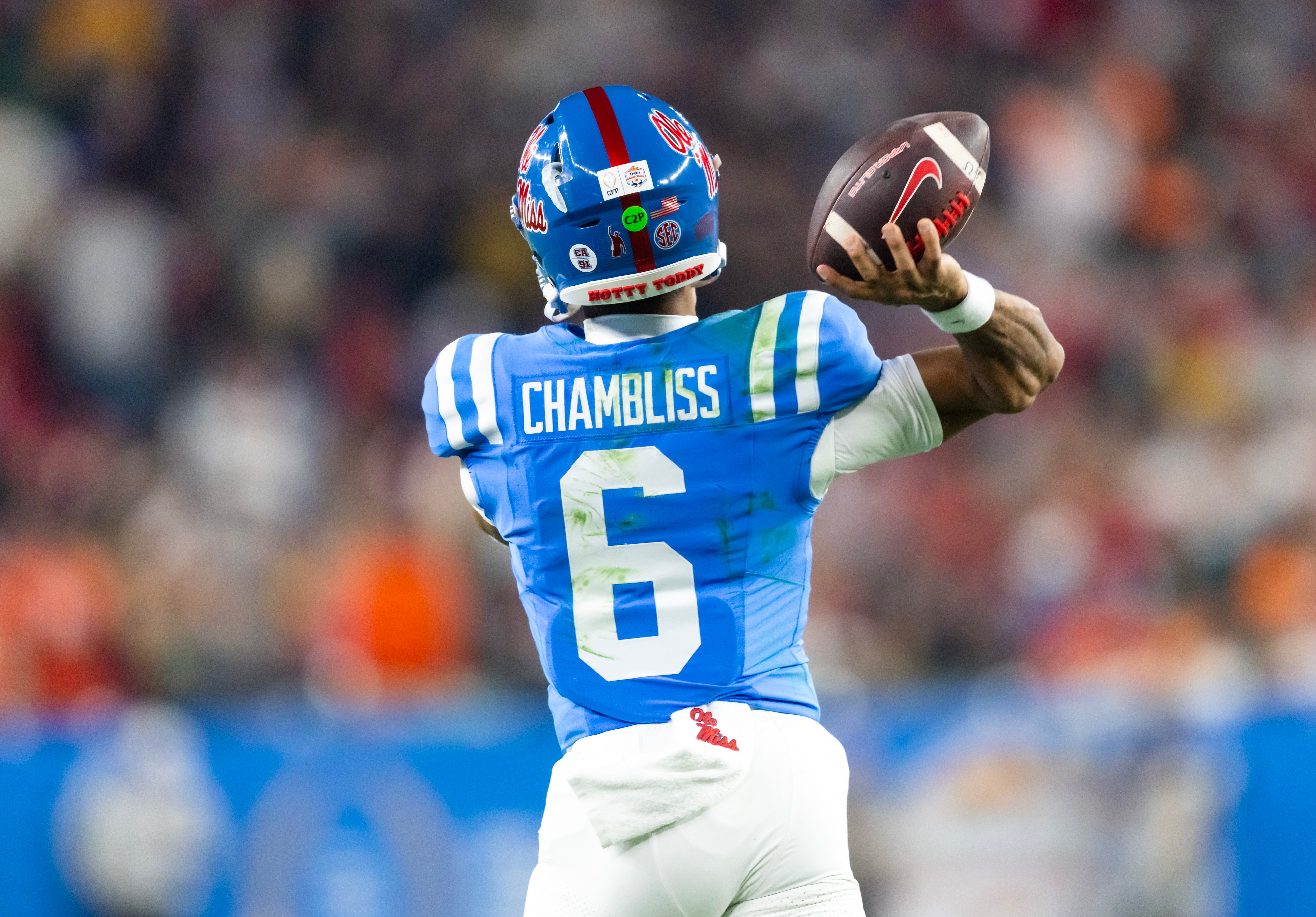 Jan 8, 2026; Glendale, AZ, USA; Detailed view of the jersey of Mississippi Rebels quarterback Trinidad Chambliss (6) against the Miami Hurricanes during the 2026 Fiesta Bowl and semifinal game of the College Football Playoff at State Farm Stadium.