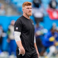 Jan 10, 2026; Charlotte, NC, USA; Carolina Panthers quarterback Andy Dalton (14) during pregame warm ups before the NFC Wild Card Round game between the Carolina Panthers and the Los Angeles Rams at Bank of America Stadium.