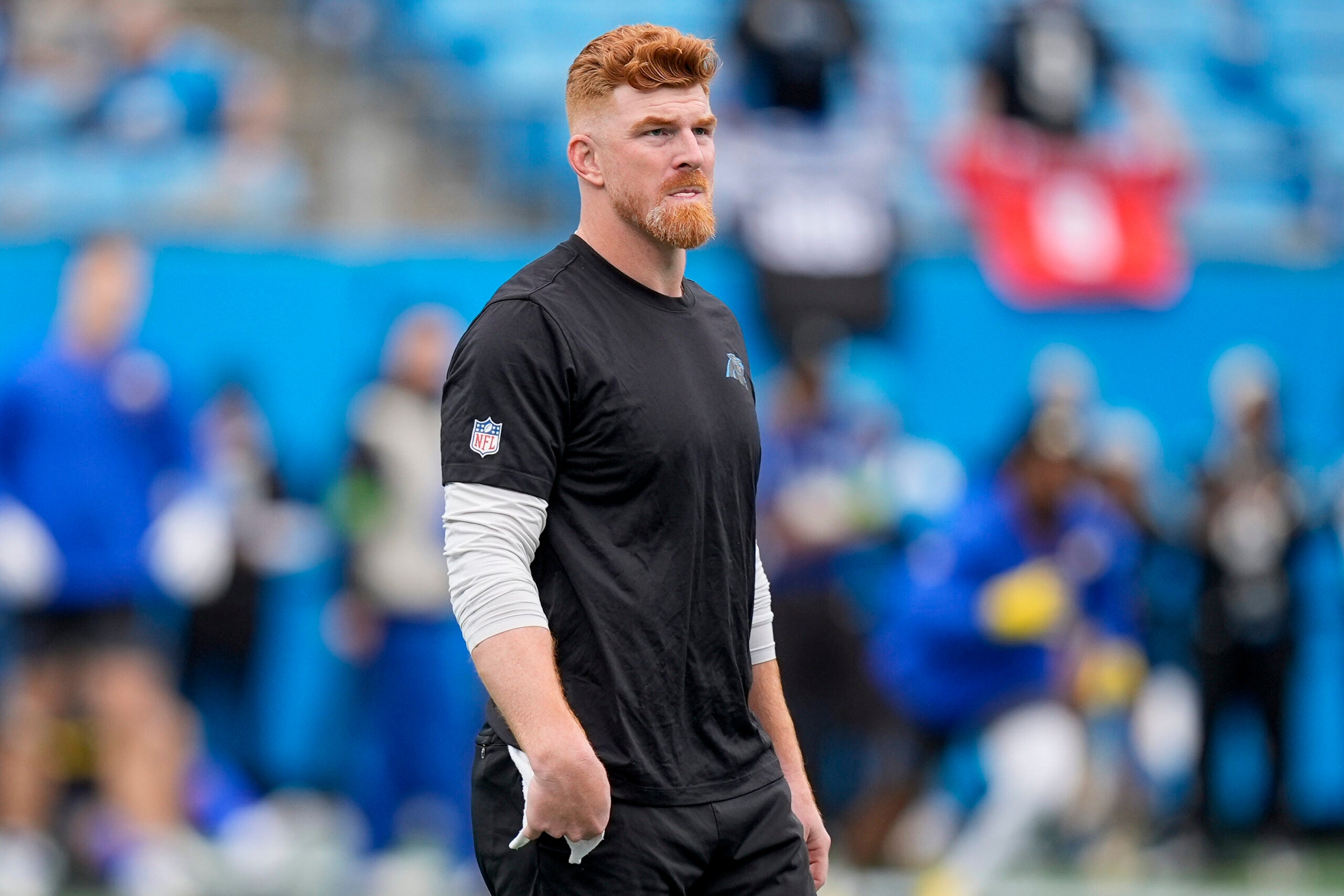 Jan 10, 2026; Charlotte, NC, USA; Carolina Panthers quarterback Andy Dalton (14) during pregame warm ups before the NFC Wild Card Round game between the Carolina Panthers and the Los Angeles Rams at Bank of America Stadium.