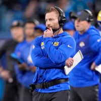 Jan 10, 2026; Charlotte, NC, USA; Los Angeles Rams head coach Sean McVay in the first half during the NFC Wild Card Round game at Bank of America Stadium.