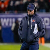 Jan 10, 2026; Chicago, IL, USA; Chicago Bears head coach Ben Johnson stands on the sidelines against the Green Bay Packers during the first half of an NFC Wild Card Round game at Soldier Field.