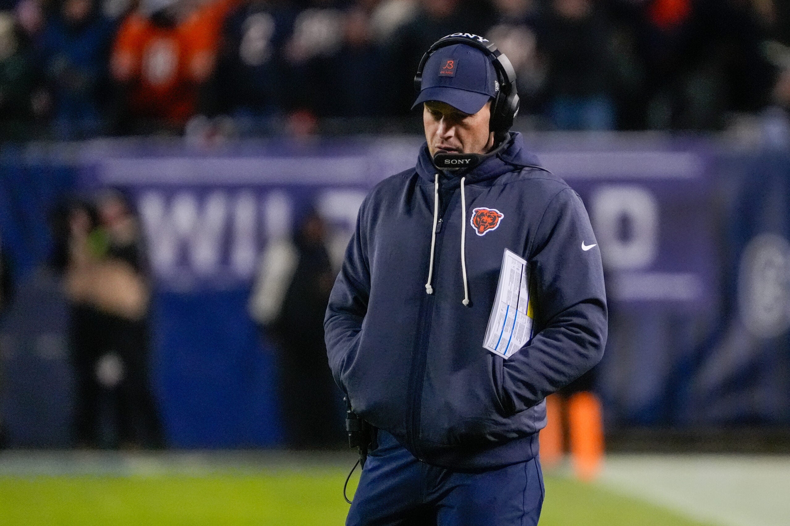 Jan 10, 2026; Chicago, IL, USA; Chicago Bears head coach Ben Johnson stands on the sidelines against the Green Bay Packers during the first half of an NFC Wild Card Round game at Soldier Field.