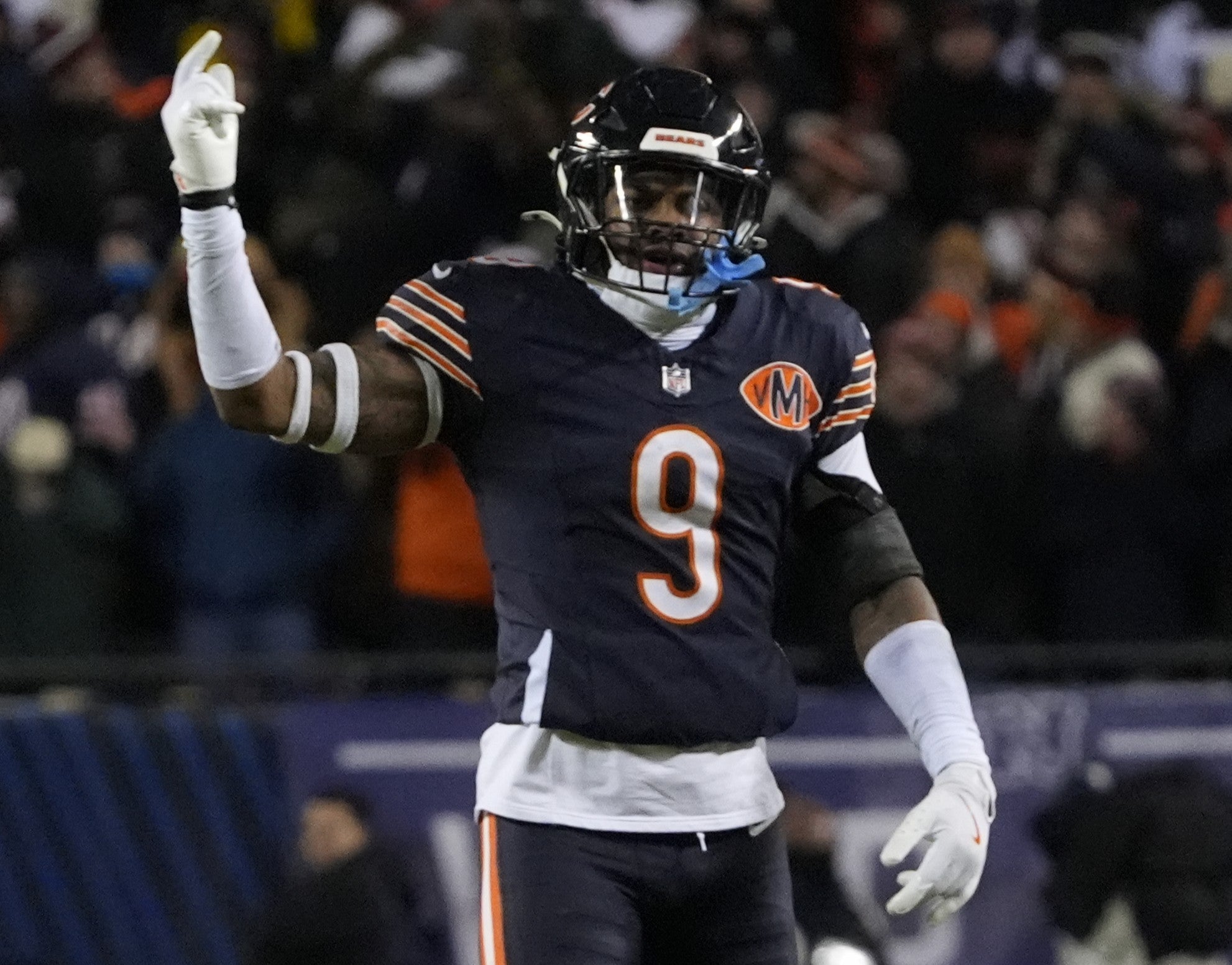 Jan 10, 2026; Chicago, IL, USA; Chicago Bears safety Jaquan Brisker (9) reacts after a missed Green Bay Packers field goal during the second half of an NFC Wild Card Round game at Soldier Field.