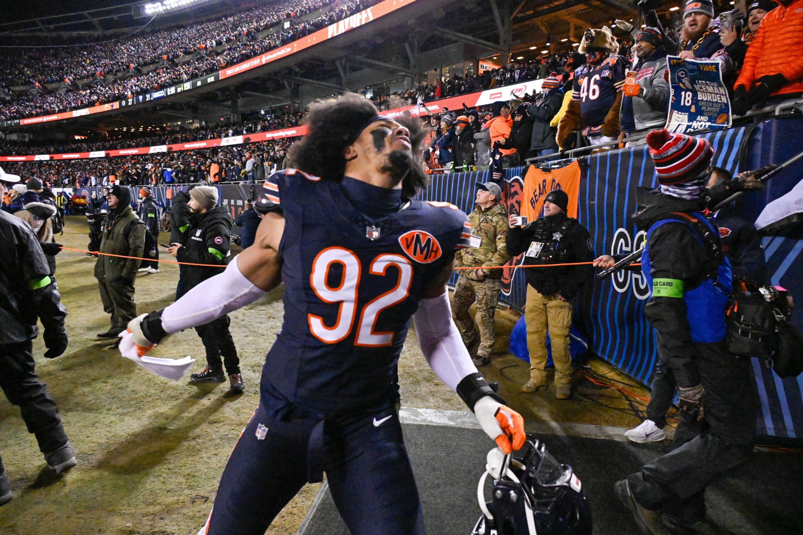 Jan 10, 2026; Chicago, IL, USA; Chicago Bears defensive end Daniel Hardy (92) leaves the field following an NFC Wild Card Round game against the Green Bay Packers at Soldier Field.
