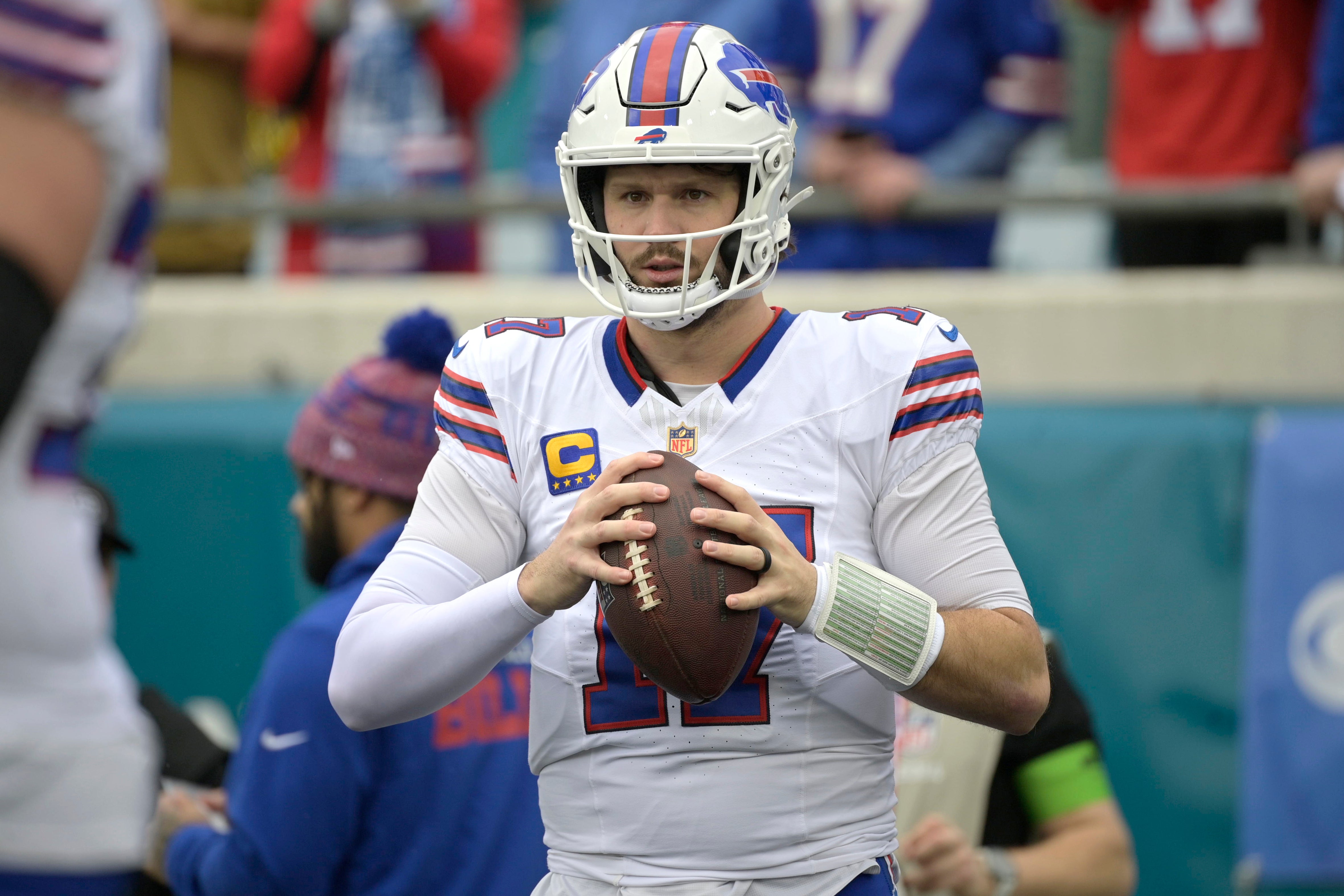 Jan 11, 2026; Jacksonville, FL, USA; Buffalo Bills quarterback Josh Allen (17) warms up before an AFC Wild Card Round game against the Jacksonville Jaguars at EverBank Stadium.