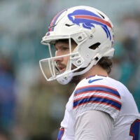 Jan 11, 2026; Jacksonville, FL, USA; Buffalo Bills quarterback Josh Allen (17) warms up before an AFC Wild Card Round game against the Jacksonville Jaguars at EverBank Stadium.