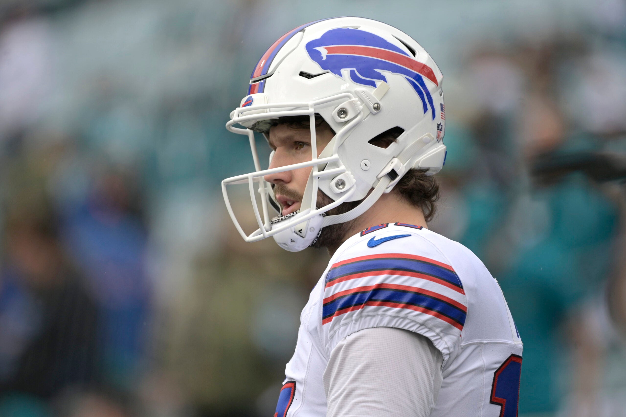 Jan 11, 2026; Jacksonville, FL, USA; Buffalo Bills quarterback Josh Allen (17) warms up before an AFC Wild Card Round game against the Jacksonville Jaguars at EverBank Stadium.