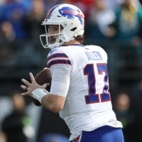 Jan 11, 2026; Jacksonville, FL, USA; Buffalo Bills quarterback Josh Allen (17) looks to pass during the first half against the Jacksonville Jaguars in an AFC Wild Card Round game at EverBank Stadium.