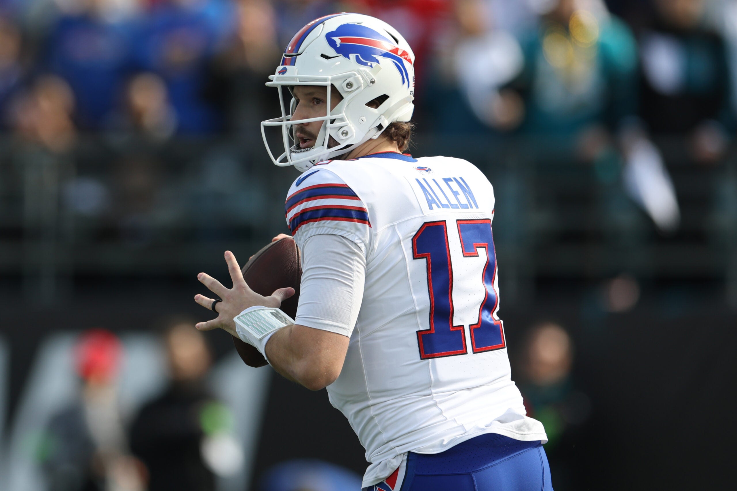 Jan 11, 2026; Jacksonville, FL, USA; Buffalo Bills quarterback Josh Allen (17) looks to pass during the first half against the Jacksonville Jaguars in an AFC Wild Card Round game at EverBank Stadium.