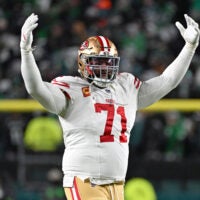 Jan 11, 2026; Philadelphia, PA, USA; San Francisco 49ers offensive tackle Trent Williams (71) celebrates win against the Philadelphia Eagles in an NFC Wild Card Round game at Lincoln Financial Field.