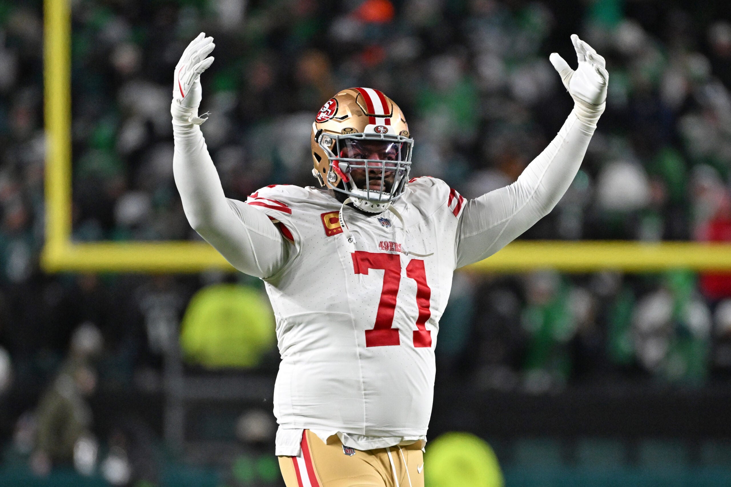 Jan 11, 2026; Philadelphia, PA, USA; San Francisco 49ers offensive tackle Trent Williams (71) celebrates win against the Philadelphia Eagles in an NFC Wild Card Round game at Lincoln Financial Field.
