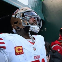Jan 11, 2026; Philadelphia, PA, USA; San Francisco 49ers offensive tackle Trent Williams (71) waits outside the tunnel before game against the Philadelphia Eagles in an NFC Wild Card Round game at Lincoln Financial Field.