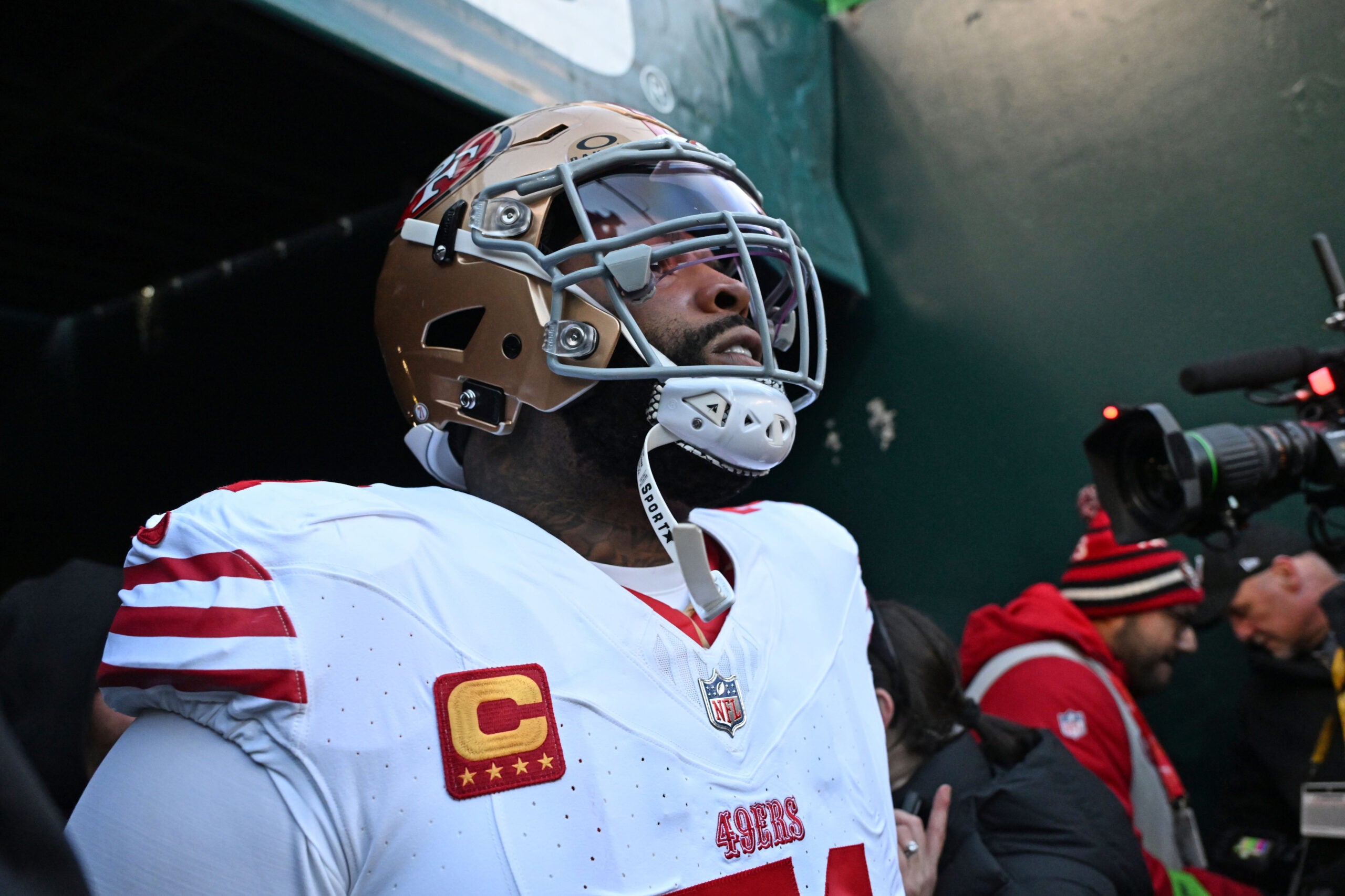 Jan 11, 2026; Philadelphia, PA, USA; San Francisco 49ers offensive tackle Trent Williams (71) waits outside the tunnel before game against the Philadelphia Eagles in an NFC Wild Card Round game at Lincoln Financial Field.