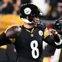 Jan 12, 2026; Pittsburgh, PA, USA; Pittsburgh Steelers quarterback Aaron Rodgers (8) warms up before an AFC Wild Card Round game against the Houston Texans at Acrisure Stadium.