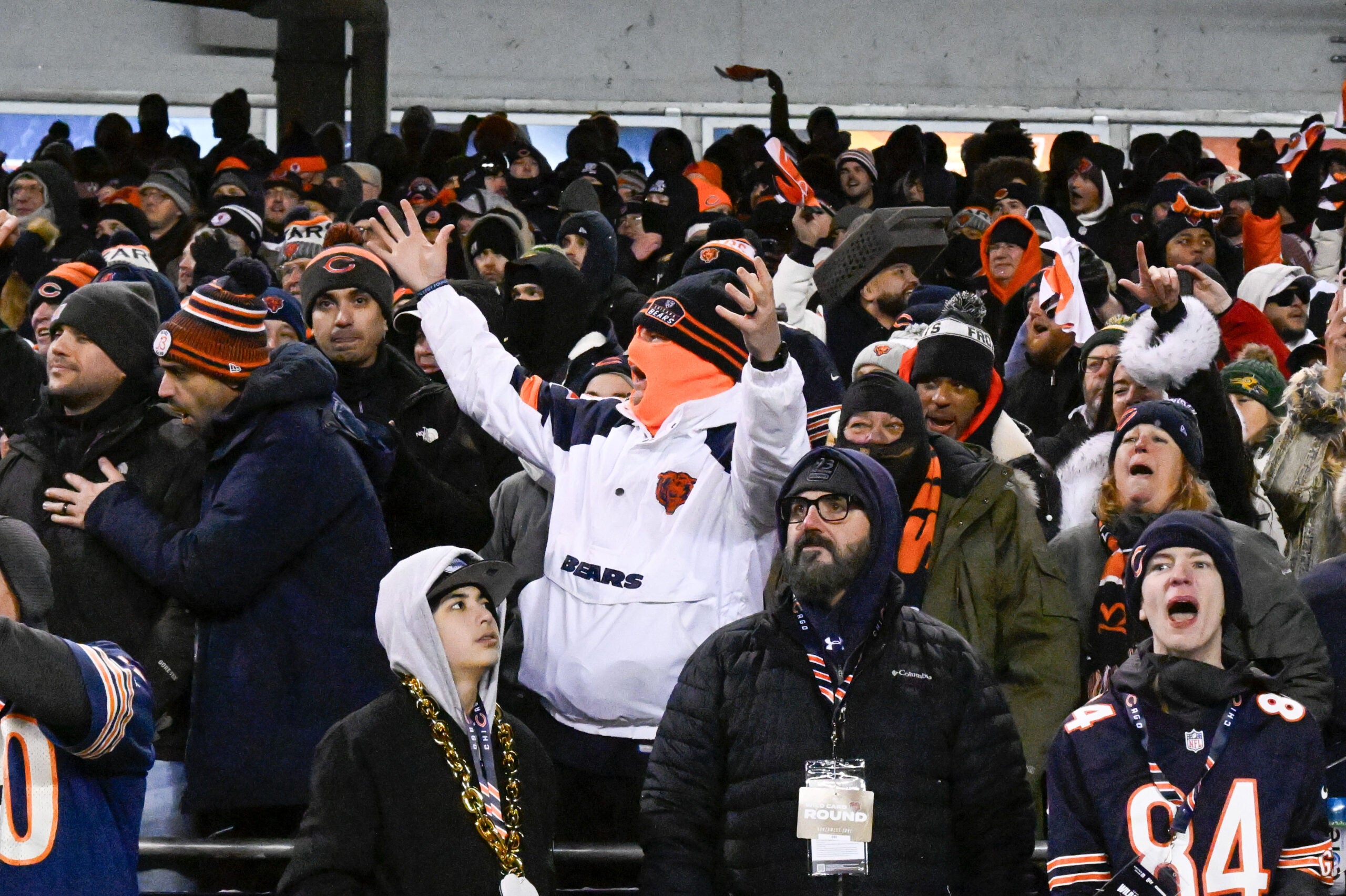 Jan 10, 2026; Chicago, IL, USA; in Chicago Bears fans react at the end of an NFC Wild Card Round game against there Green Bay Packers at Soldier Field.