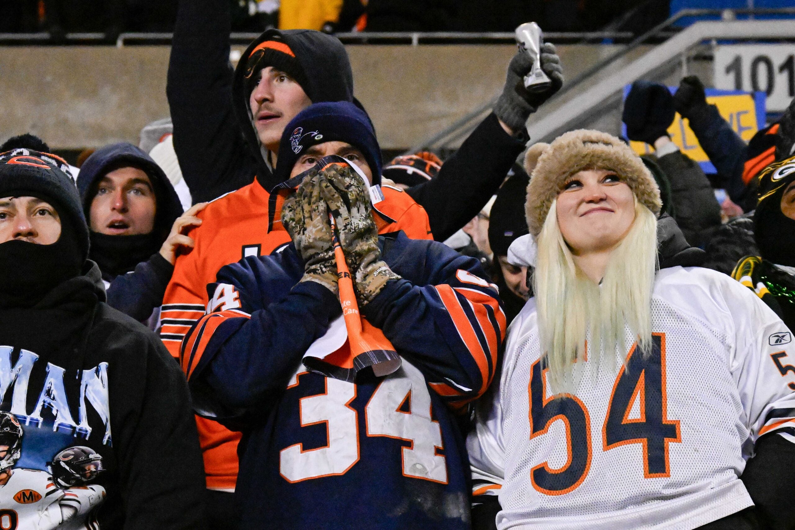 Jan 10, 2026; Chicago, IL, USA; in Chicago Bears fans react at the end of an NFC Wild Card Round game against there Green Bay Packers at Soldier Field.