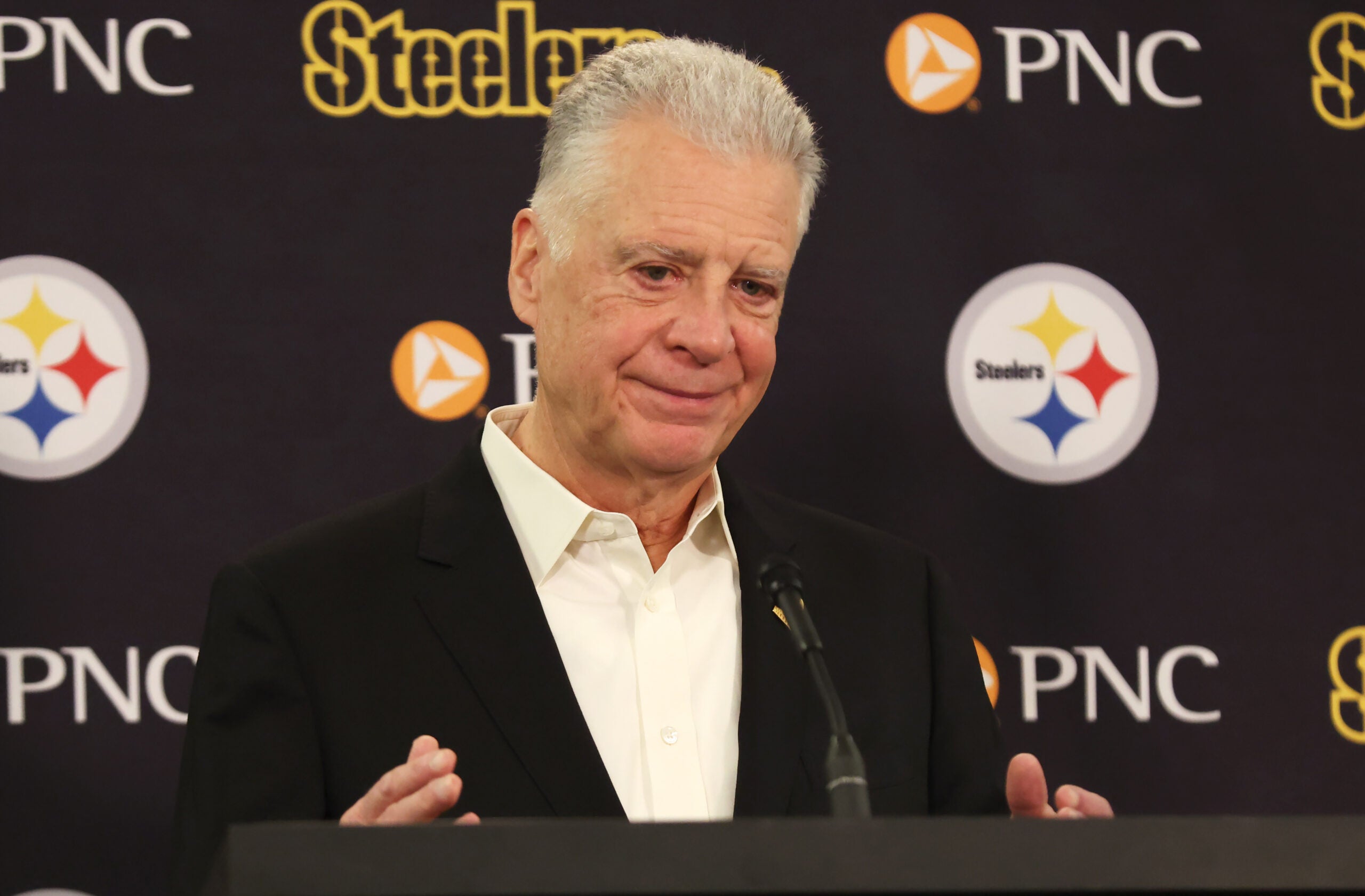 Jan 14, 2026; Pittsburgh, PA, USA; Pittsburgh Steelers president Art Rooney II speaks at a press conference at Acrisure Stadium.