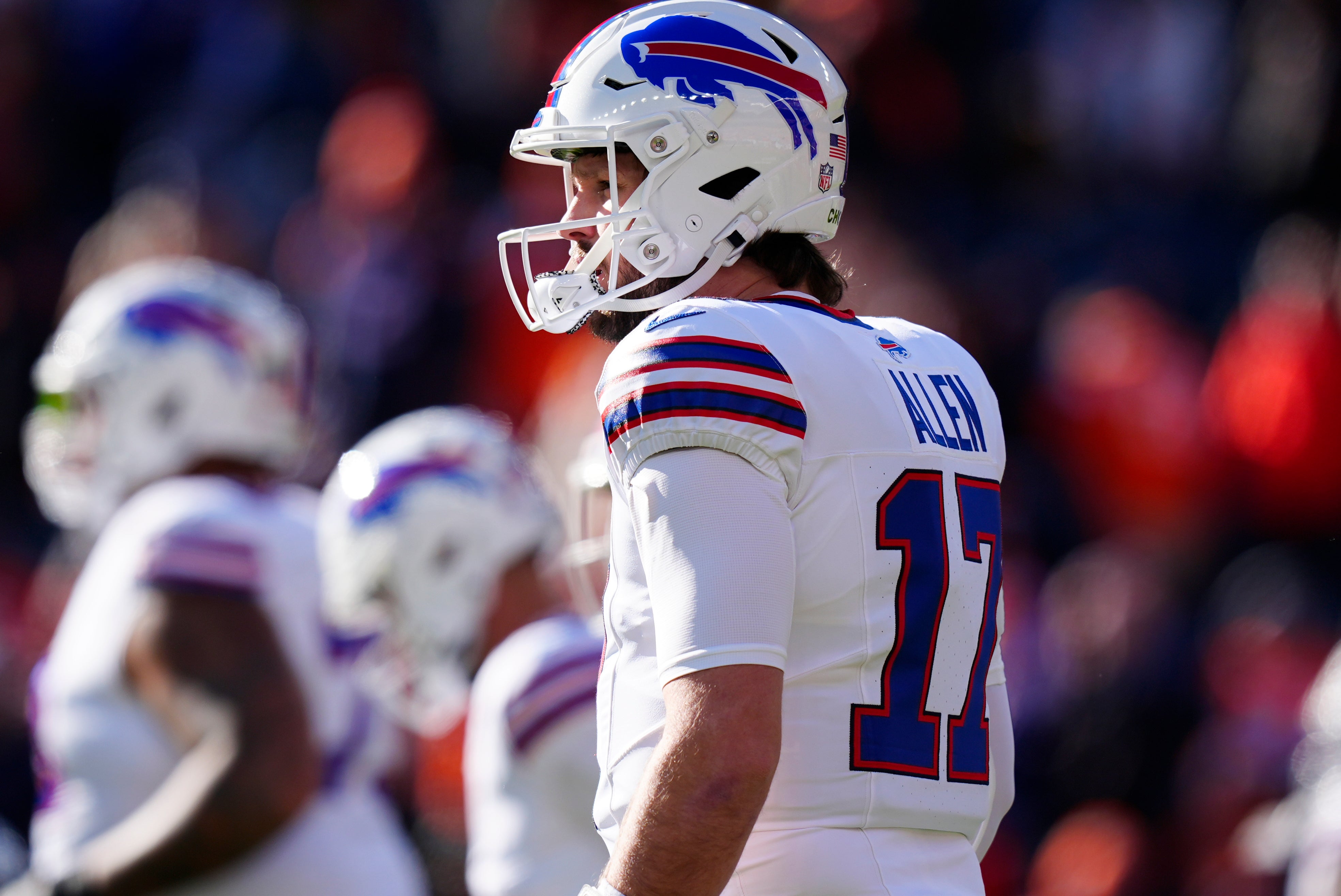 Jan 17, 2026; Denver, CO, USA; Buffalo Bills quarterback Josh Allen (17) warms up before an AFC Divisional Round playoff game against the Denver Broncos at Empower Field at Mile High.