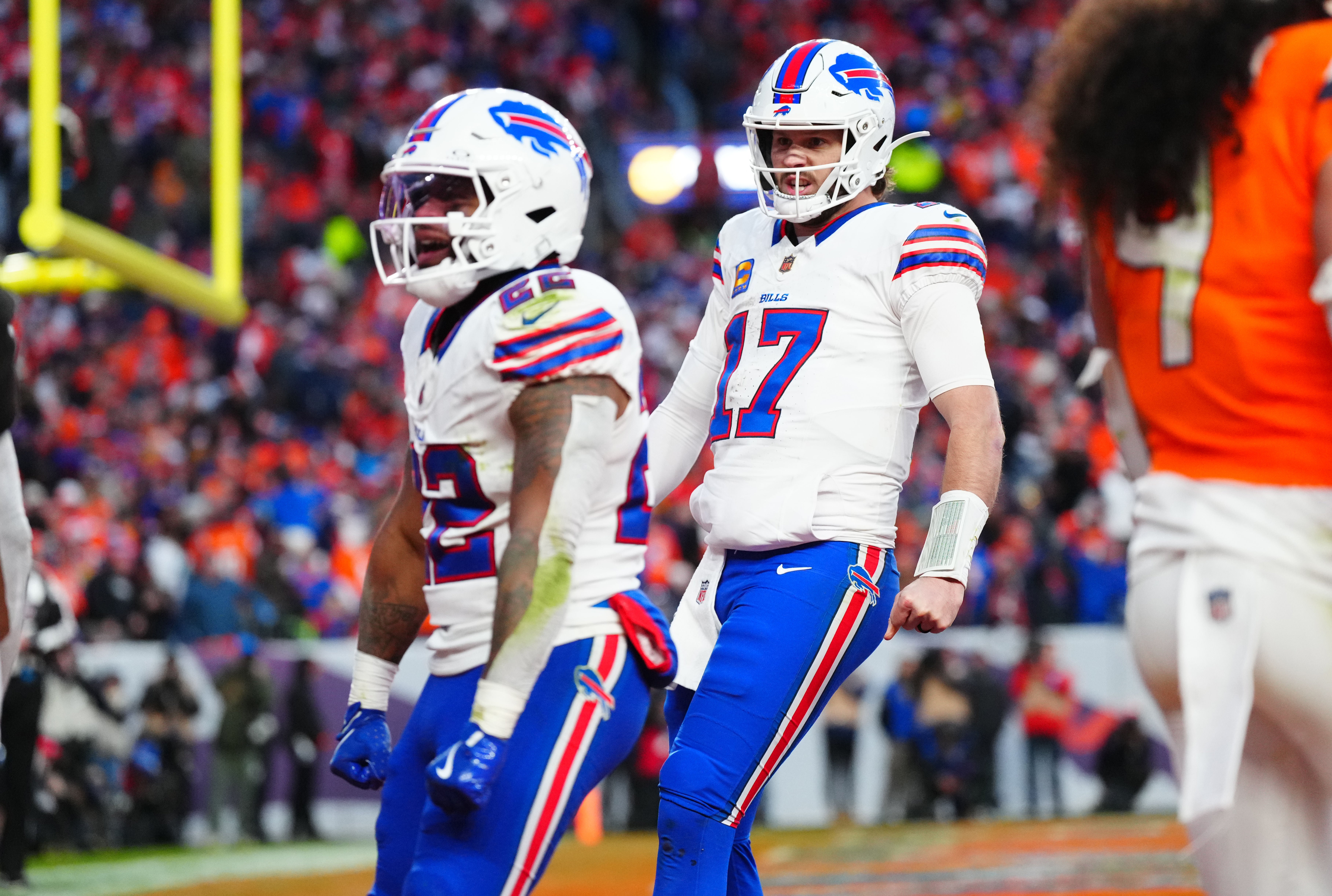 Jan 17, 2026; Denver, CO, USA; Buffalo Bills quarterback Josh Allen (17) celebrates after a touchdown against the Denver Broncos during the fourth quarter of an AFC Divisional Round playoff game at Empower Field at Mile High.