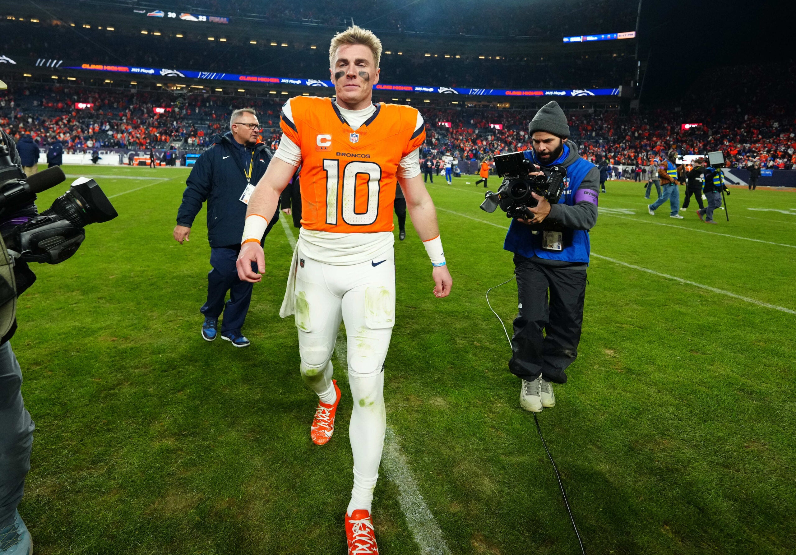Jan 17, 2026; Denver, CO, USA; Denver Broncos quarterback Bo Nix (10) reacts after winning an AFC Divisional Round playoff game against the Buffalo Bills at Empower Field at Mile High.
