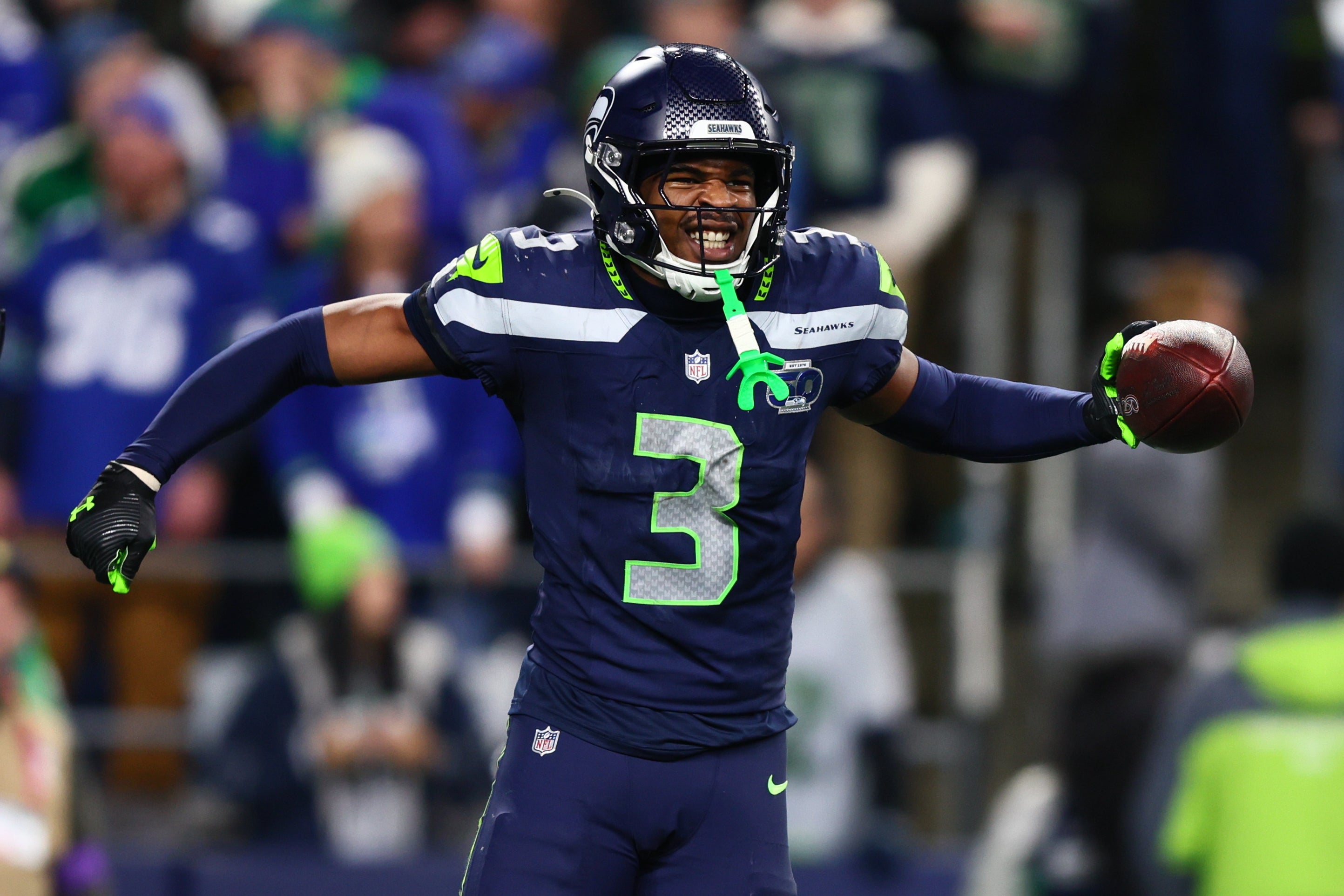 Jan 17, 2026; Seattle, WA, USA; Seattle Seahawks safety Nick Emmanwori (3) reacts after a fumble recovery against the San Francisco 49ers during the second half in an NFC Divisional Round game at Lumen Field.