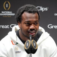 Jan 17, 2026; Miami, Florida, USA; Miami Hurricanes defensive lineman Rueben Bain Jr. during media day for the 2025 College Football Playoff National Championship at Miami Beach Convention Center.