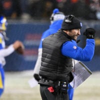 Jan 18, 2026; Chicago, IL, USA; Los Angeles Rams head coach Sean McVay reacts after a defensive stop against the Chicago Bears during the fourth quarter of an NFC Divisional Round game at Soldier Field.