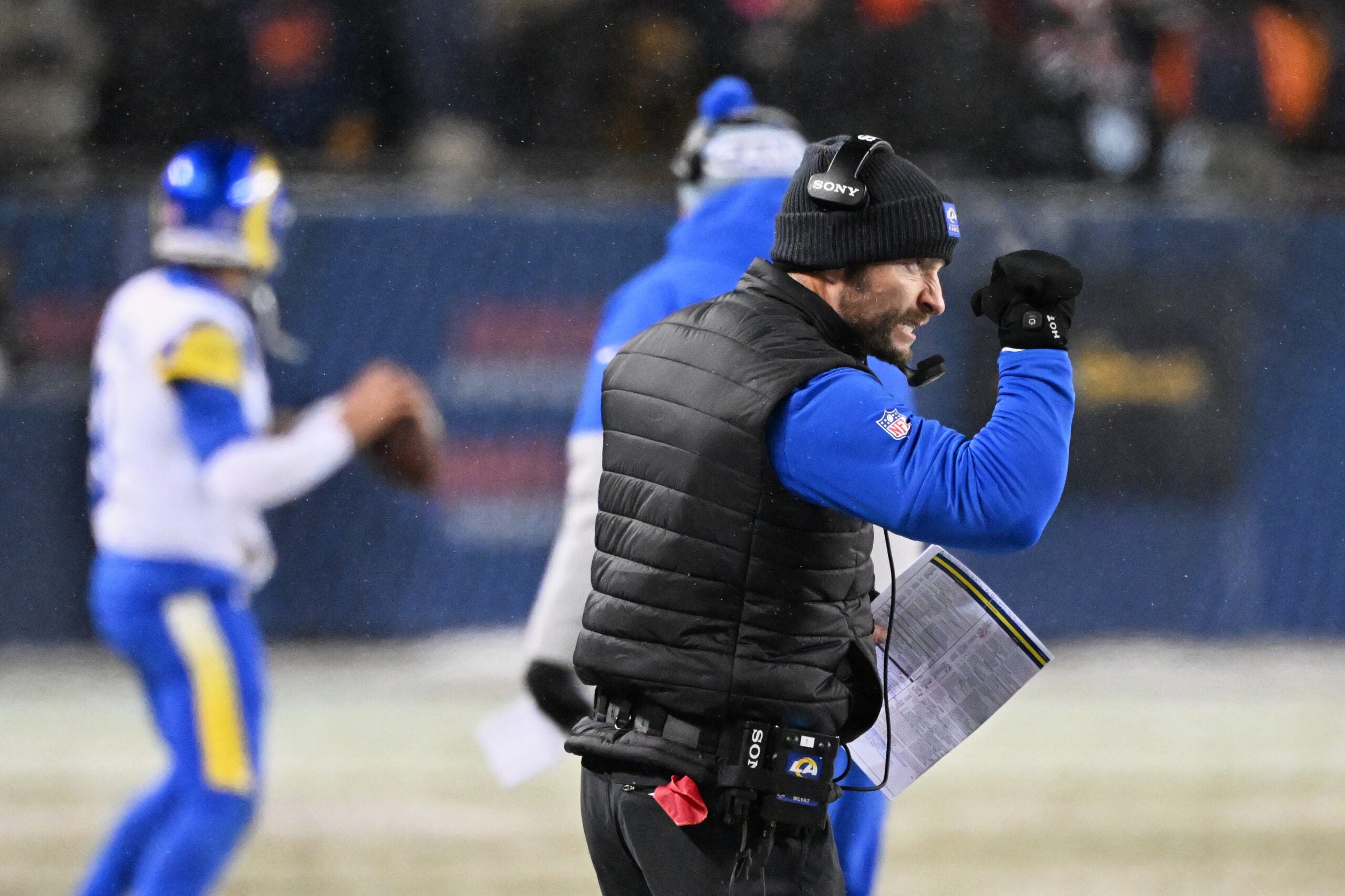 Jan 18, 2026; Chicago, IL, USA; Los Angeles Rams head coach Sean McVay reacts after a defensive stop against the Chicago Bears during the fourth quarter of an NFC Divisional Round game at Soldier Field.