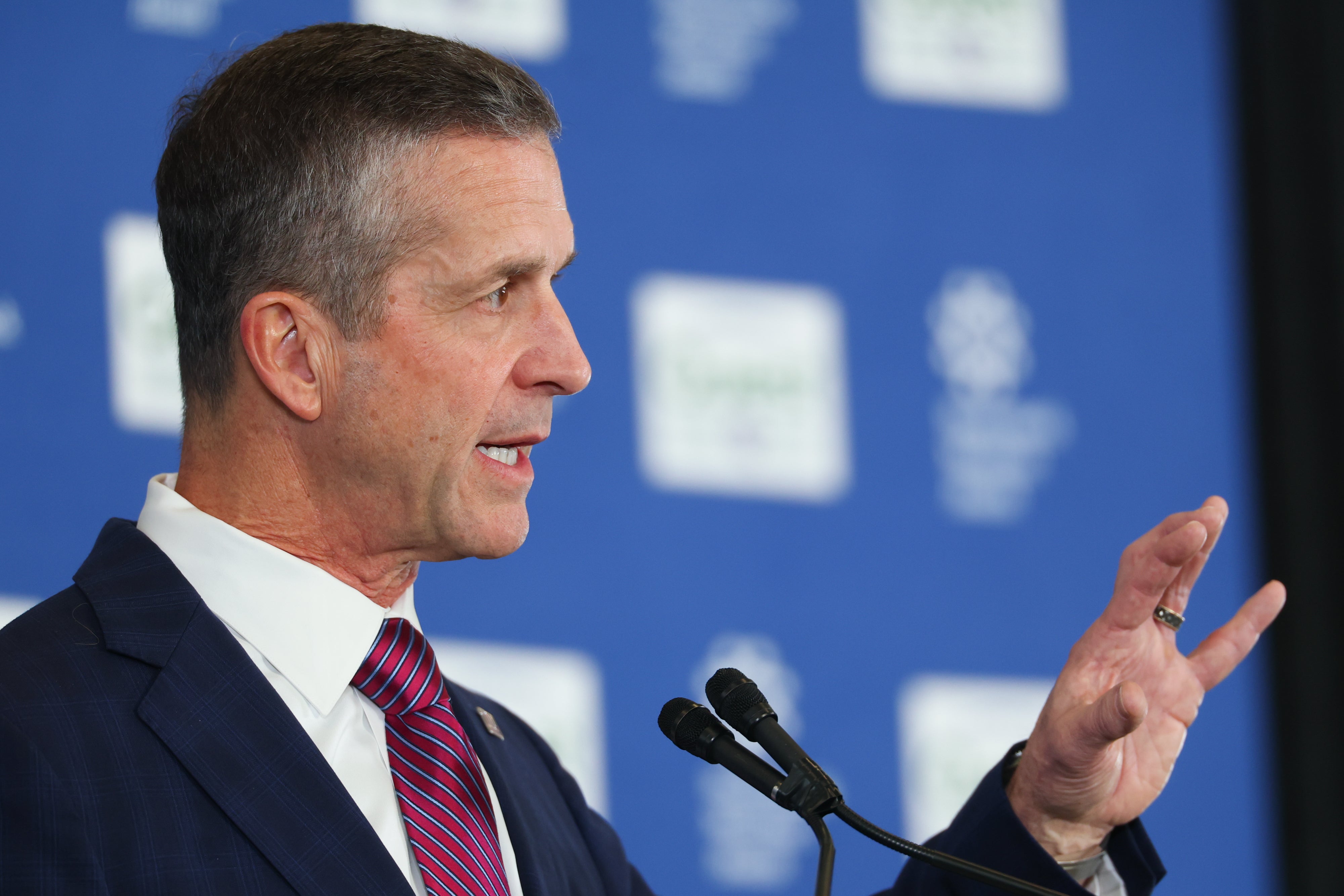 Jan 20, 2026; East Rutherford, NJ, USA; New York Giants head coach John Harbaugh speaks at the press conference announcing his hiring at Quest Diagnostics Training Center.